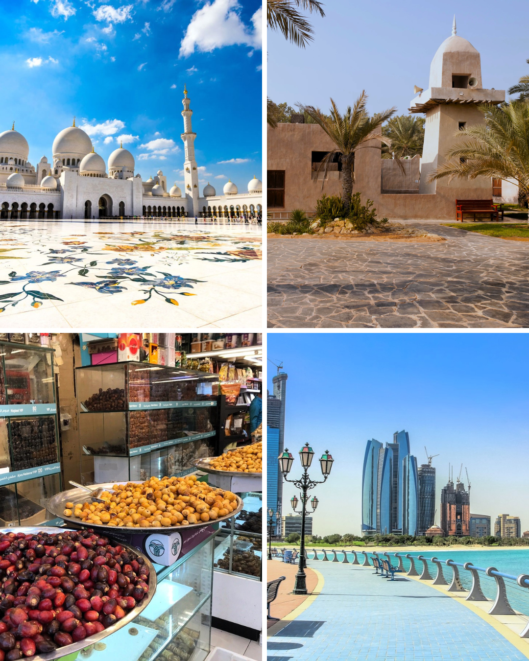 A four-panel collage showing scenes from a Middle Eastern city: a large white domed mosque under a blue sky, a beige stone building with palm trees, a market stall with trays of dried fruit and red berries, and a waterfront promenade with modern high-rise buildings.