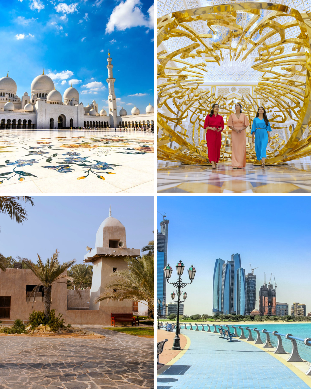 A four-panel collage showing travel scenes: the Sheikh Zayed Grand Mosque in Abu Dhabi, two women standing in front of a large gold architectural structure, a desert-style building with palm trees, and a waterfront promenade with modern skyscrapers.